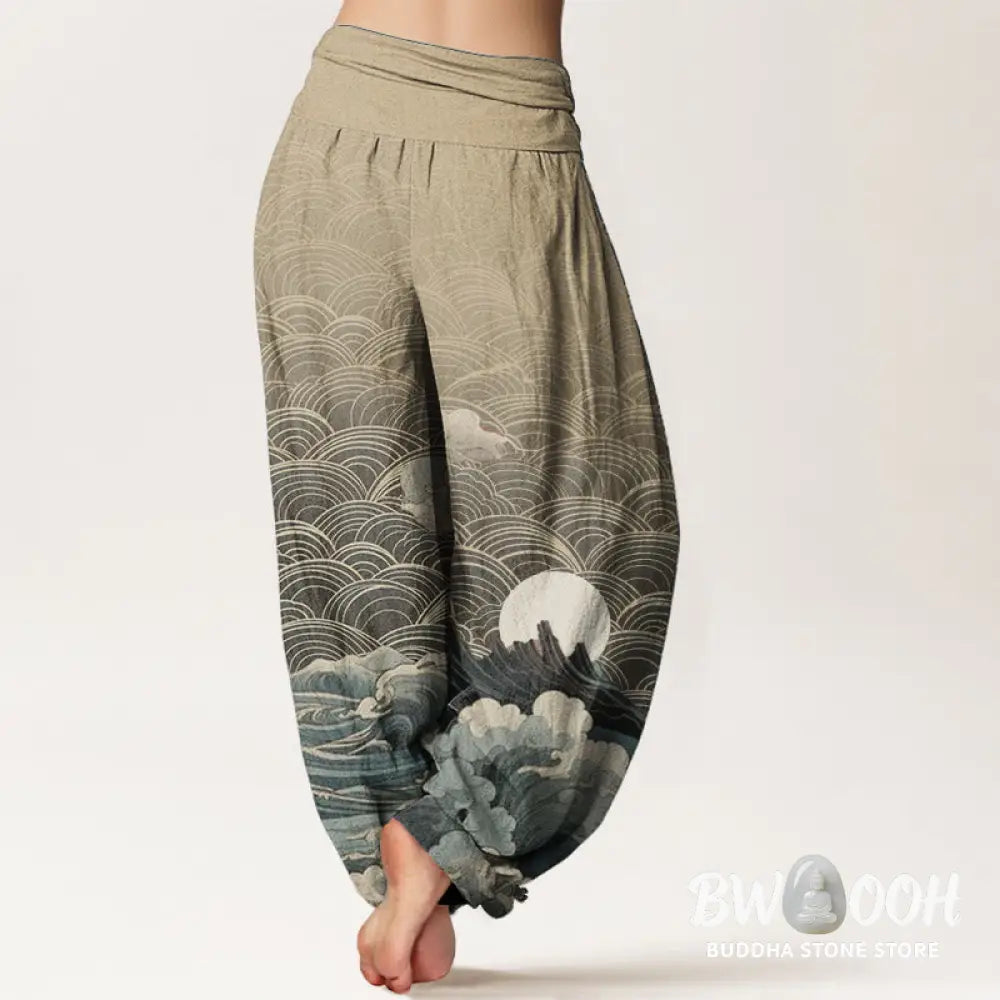 Buddha Stones Pure Cotton Casual Wave Moon Mountain Pattern Women’s Elastic Waist Harem Pants - Women’s Harem Pants