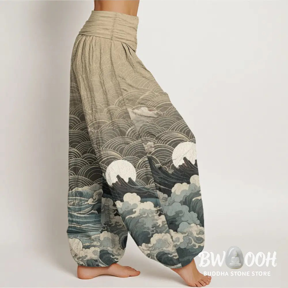 Buddha Stones Pure Cotton Casual Wave Moon Mountain Pattern Women’s Elastic Waist Harem Pants - Women’s Harem Pants