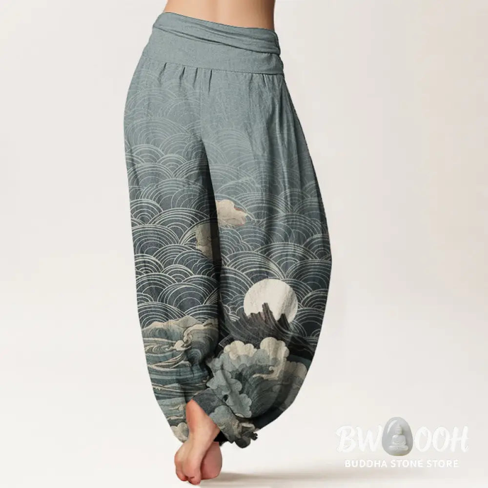 Buddha Stones Pure Cotton Casual Wave Moon Mountain Pattern Women’s Elastic Waist Harem Pants - Women’s Harem Pants