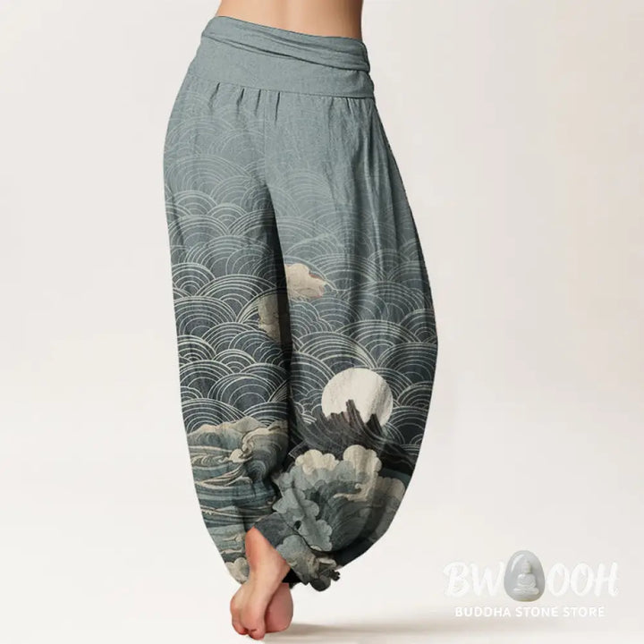 Buddha Stones Pure Cotton Casual Wave Moon Mountain Pattern Women’s Elastic Waist Harem Pants - Women’s Harem Pants