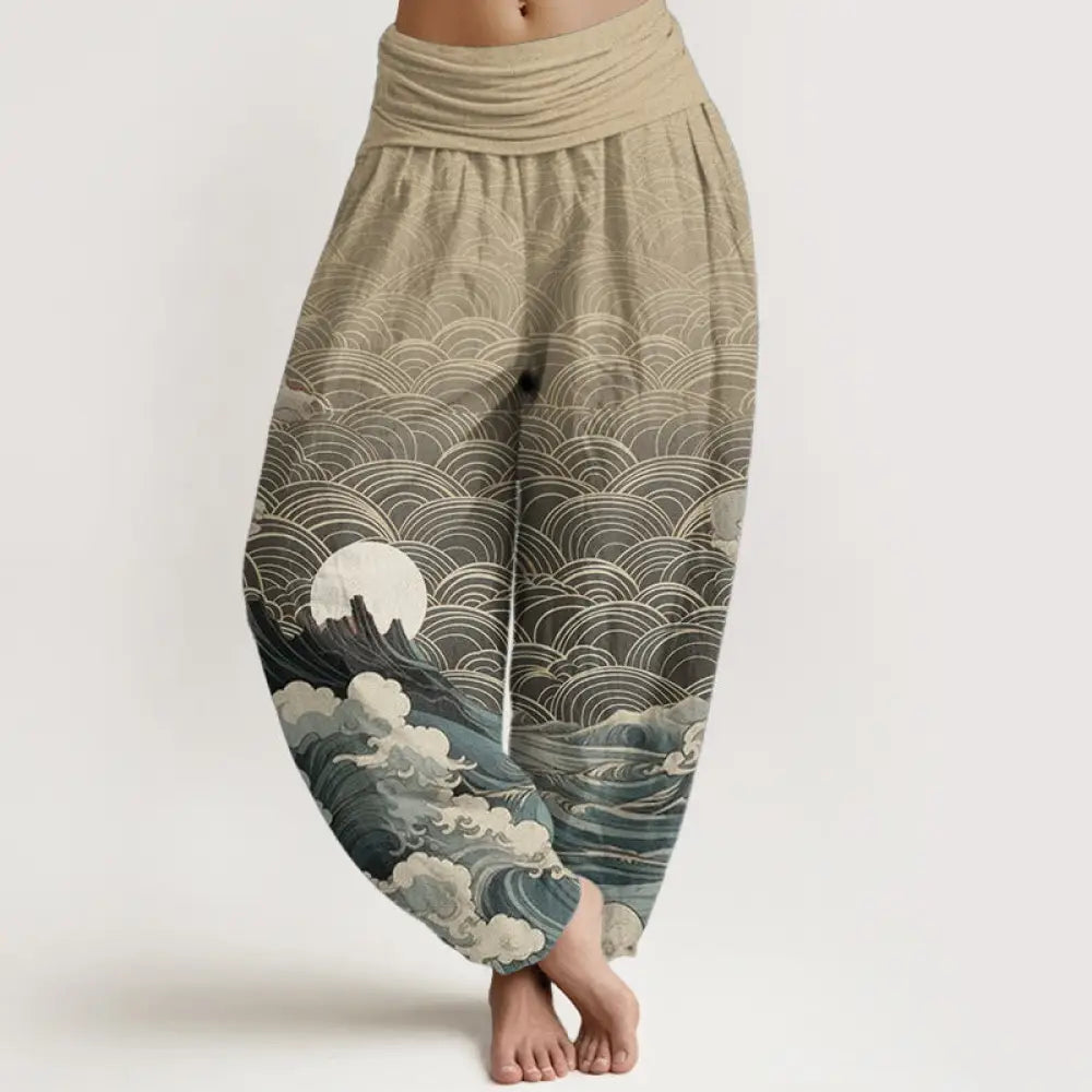 Buddha Stones Pure Cotton Casual Wave Moon Mountain Pattern Women’s Elastic Waist Harem Pants - Wheat / US2，UK/AU6，EU34