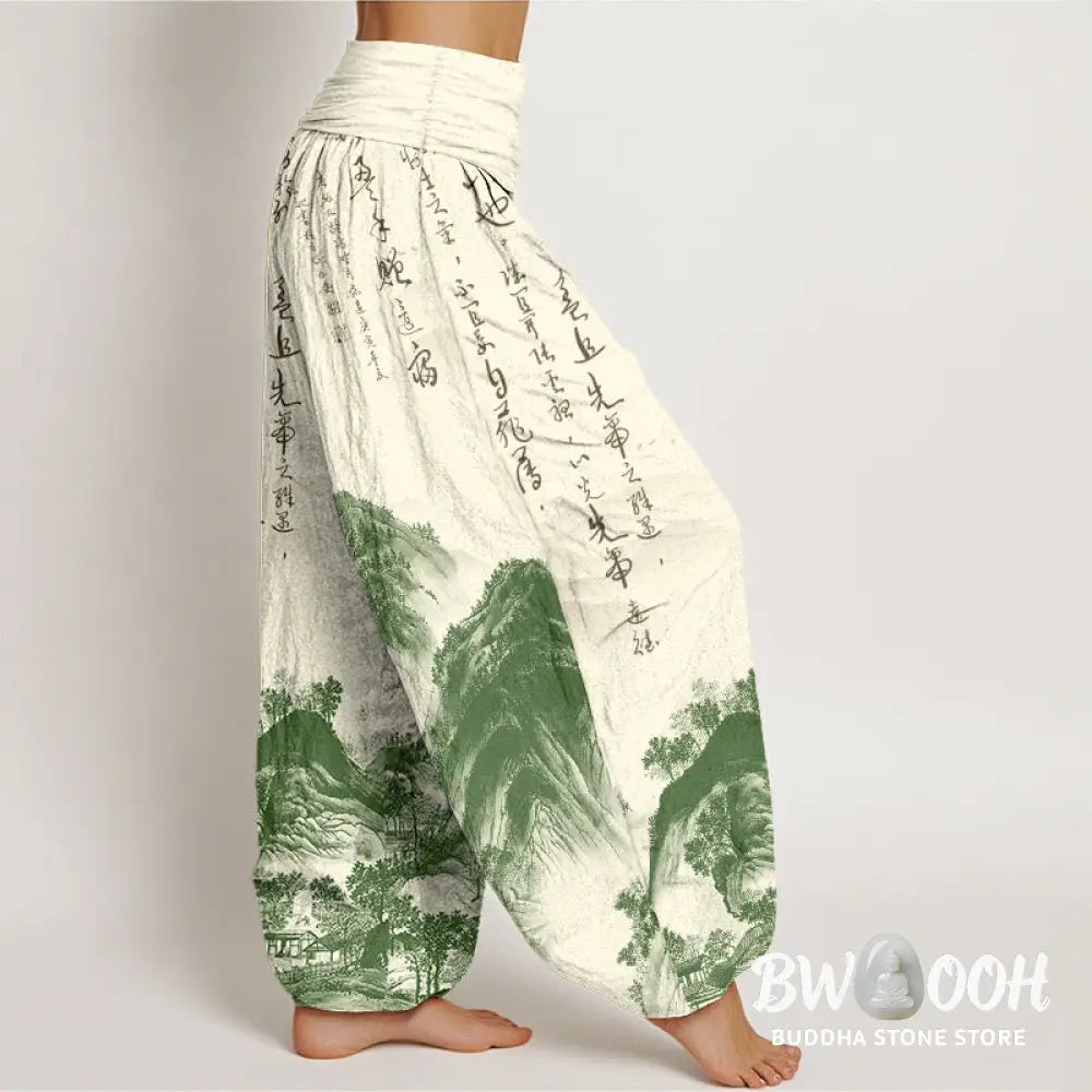 Buddha Stones Pure Cotton Chinese Calligraphy Landscape Painting Women’s Elastic Waist Harem Pants - Women’s Harem Pants