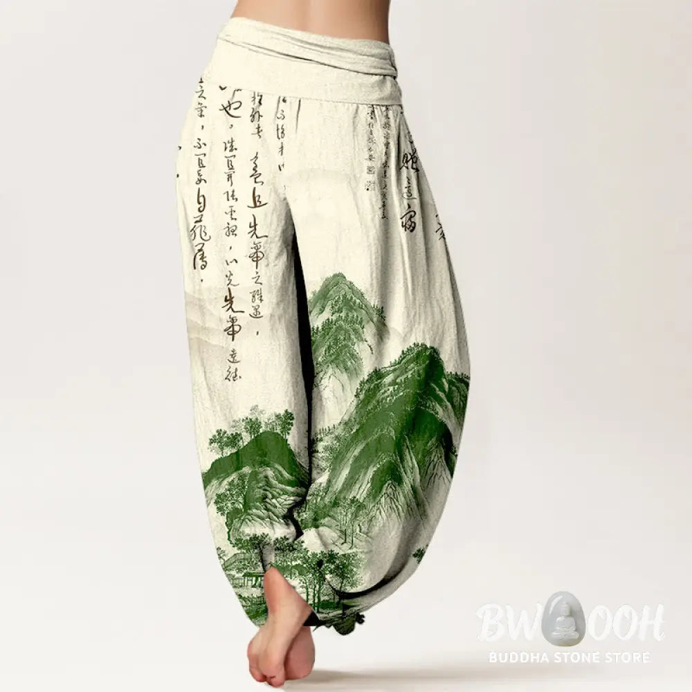 Buddha Stones Pure Cotton Chinese Calligraphy Landscape Painting Women’s Elastic Waist Harem Pants - Women’s Harem Pants