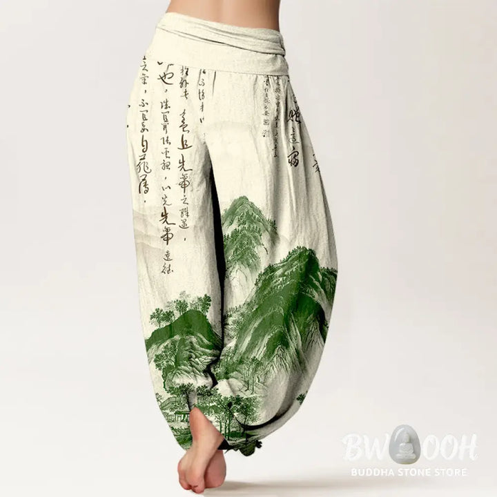 Buddha Stones Pure Cotton Chinese Calligraphy Landscape Painting Women’s Elastic Waist Harem Pants - Women’s Harem Pants