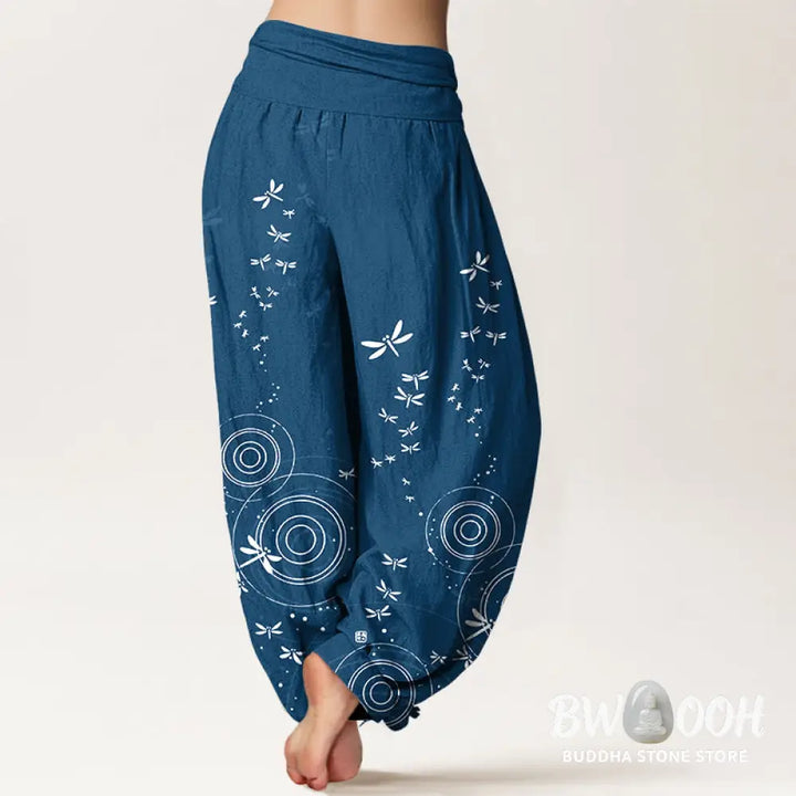 Buddha Stones Pure Cotton Circular Lines Dragonfly Women’s Elastic Waist Harem Pants - Women’s Harem Pants