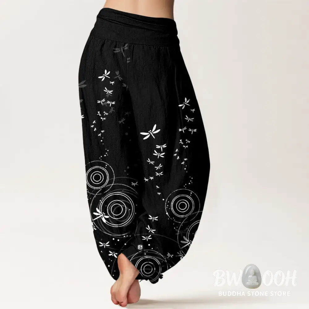 Buddha Stones Pure Cotton Circular Lines Dragonfly Women’s Elastic Waist Harem Pants - Women’s Harem Pants