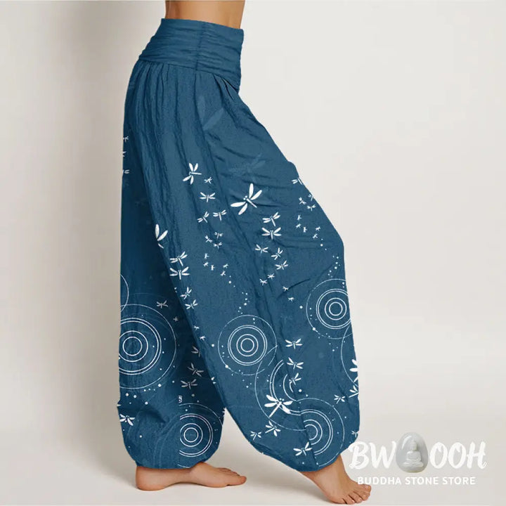 Buddha Stones Pure Cotton Circular Lines Dragonfly Women’s Elastic Waist Harem Pants - Women’s Harem Pants