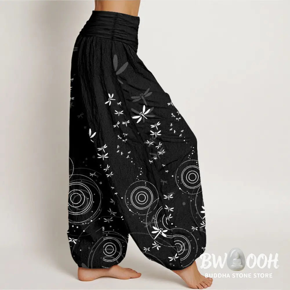 Buddha Stones Pure Cotton Circular Lines Dragonfly Women’s Elastic Waist Harem Pants - Women’s Harem Pants