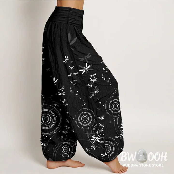 Buddha Stones Pure Cotton Circular Lines Dragonfly Women’s Elastic Waist Harem Pants - Women’s Harem Pants