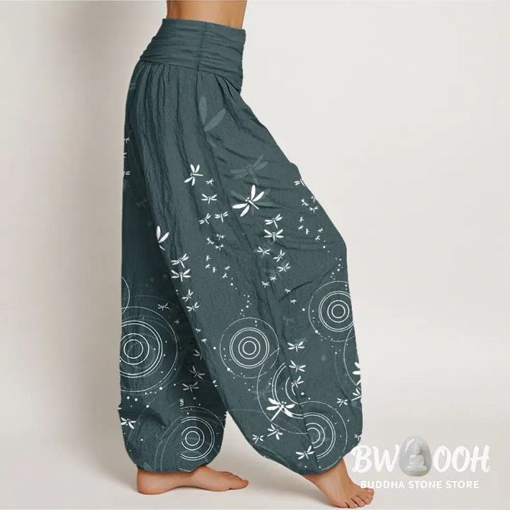 Buddha Stones Pure Cotton Circular Lines Dragonfly Women’s Elastic Waist Harem Pants - Women’s Harem Pants