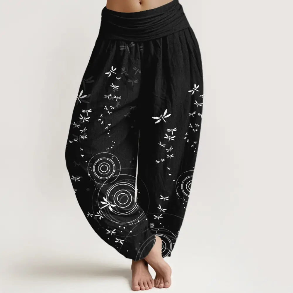 Buddha Stones Pure Cotton Circular Lines Dragonfly Women’s Elastic Waist Harem Pants - Black / US2，UK/AU6，EU34 (XS)