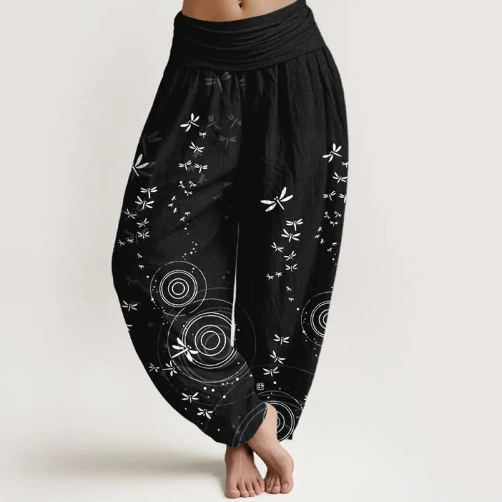 Buddha Stones Pure Cotton Circular Lines Dragonfly Women’s Elastic Waist Harem Pants - Black / US2，UK/AU6，EU34 (XS)