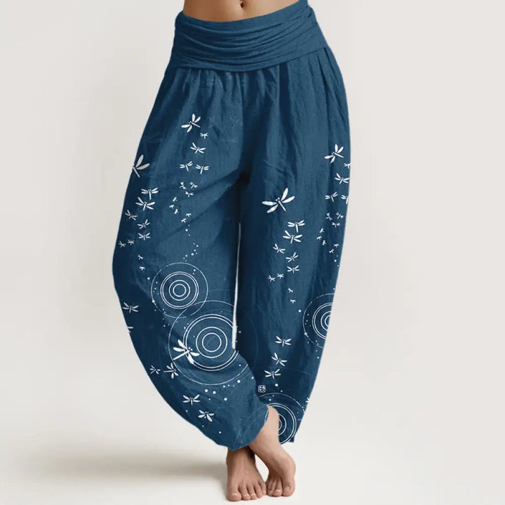 Buddha Stones Pure Cotton Circular Lines Dragonfly Women’s Elastic Waist Harem Pants - SteelBlue / US2，UK/AU6，EU34 (XS)