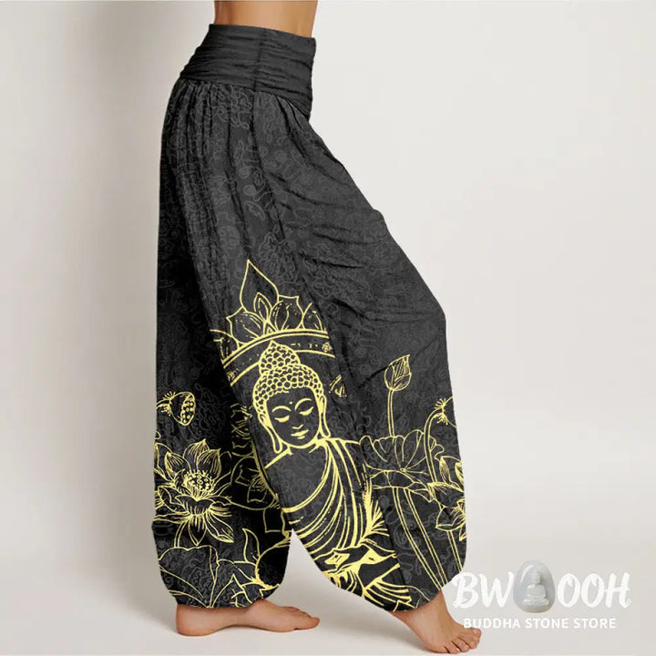 Buddha Stones Pure Cotton Classical Lotus Flower Seedpod Leaf Buddha Pattern Women’s Elastic Waist Harem Pants