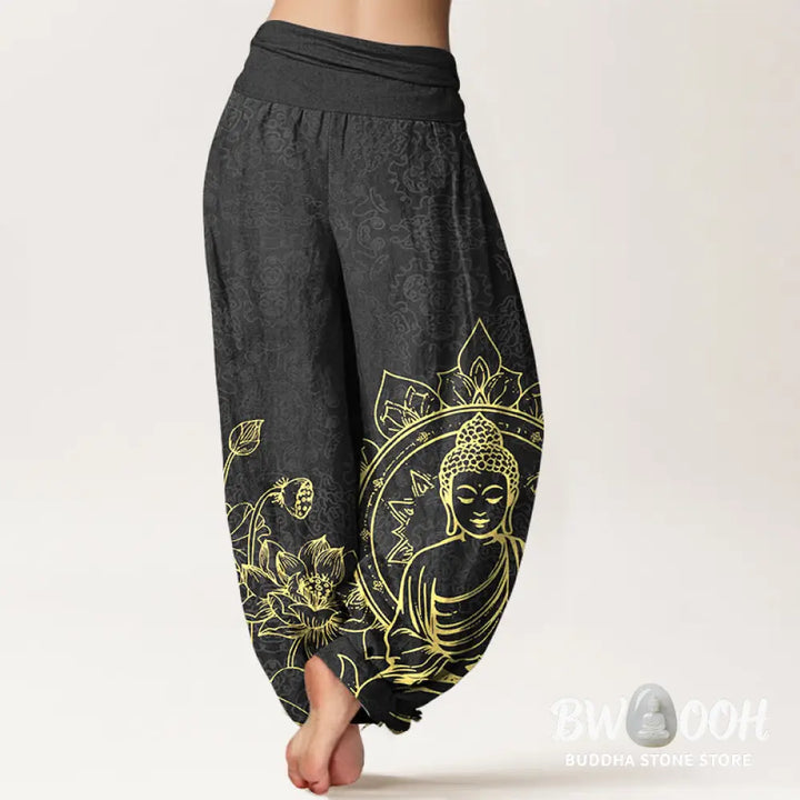 Buddha Stones Pure Cotton Classical Lotus Flower Seedpod Leaf Buddha Pattern Women’s Elastic Waist Harem Pants