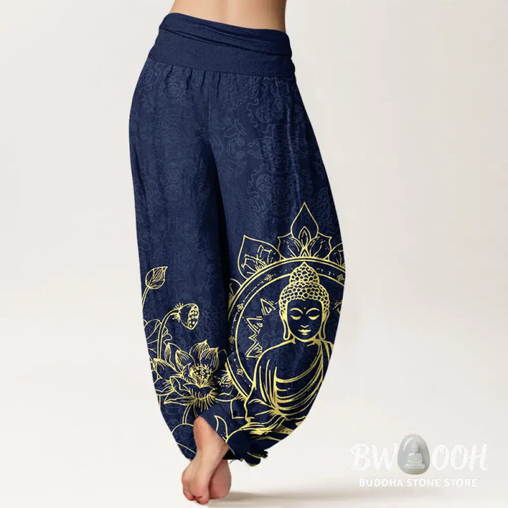Buddha Stones Pure Cotton Classical Lotus Flower Seedpod Leaf Buddha Pattern Women’s Elastic Waist Harem Pants