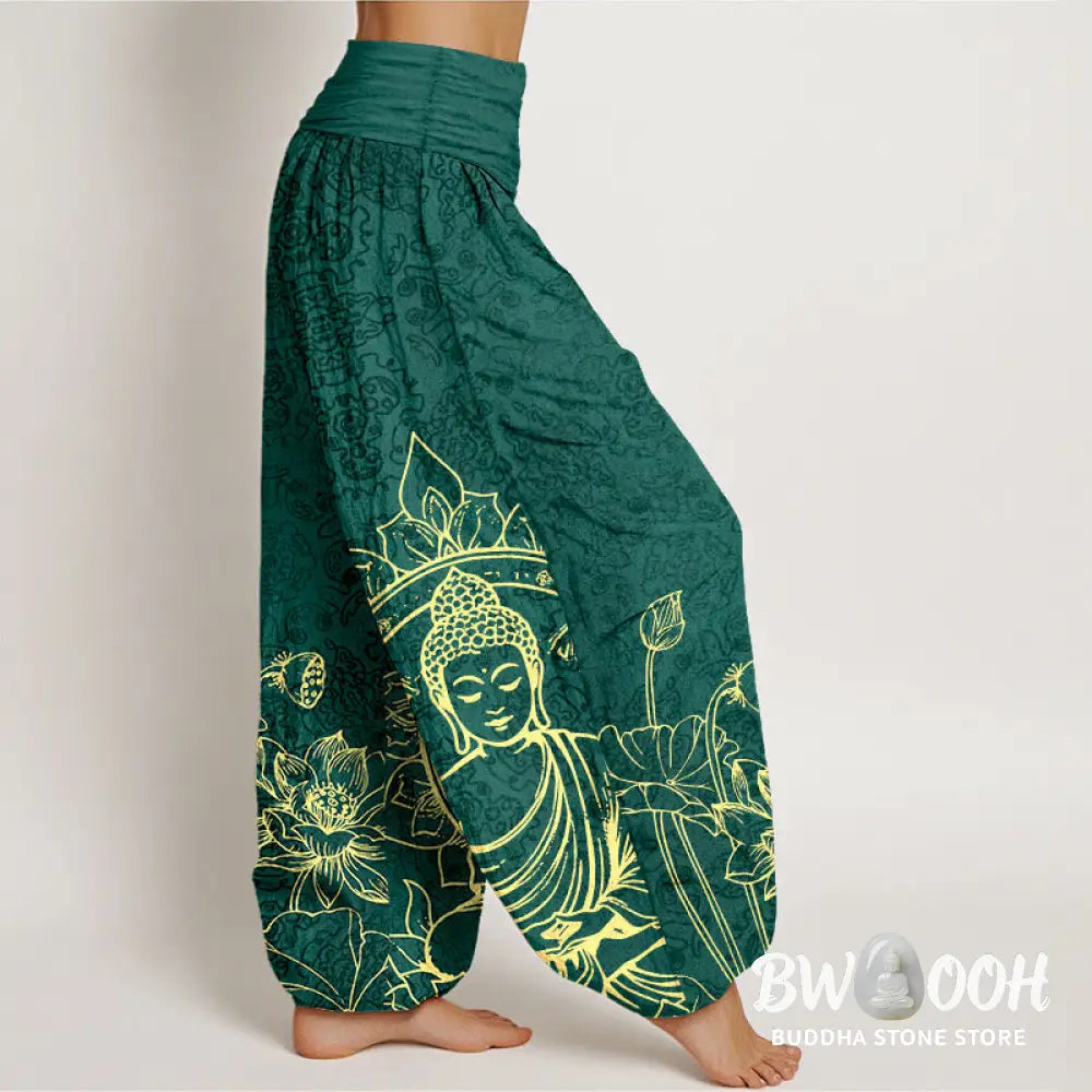 Buddha Stones Pure Cotton Classical Lotus Flower Seedpod Leaf Buddha Pattern Women’s Elastic Waist Harem Pants