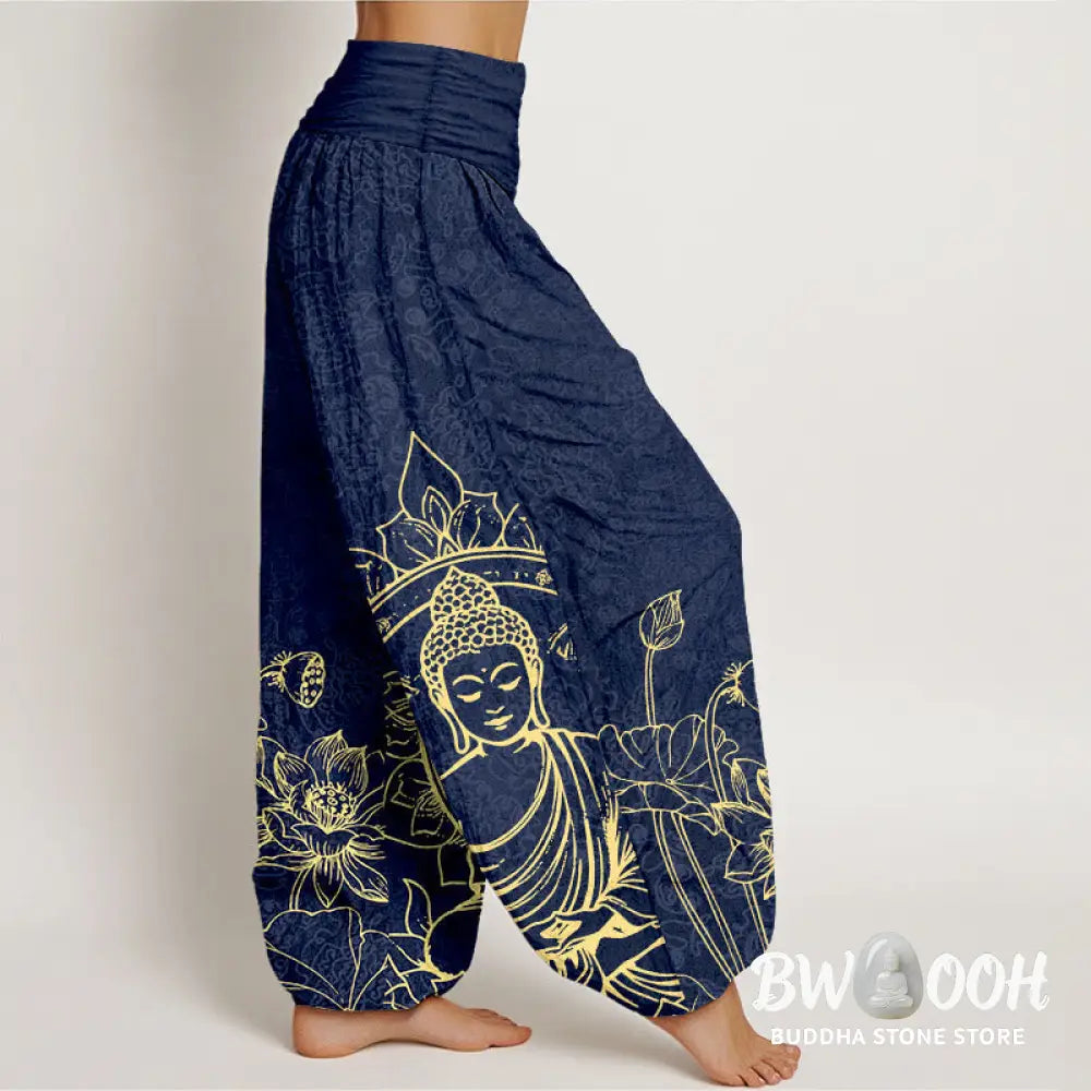 Buddha Stones Pure Cotton Classical Lotus Flower Seedpod Leaf Buddha Pattern Women’s Elastic Waist Harem Pants