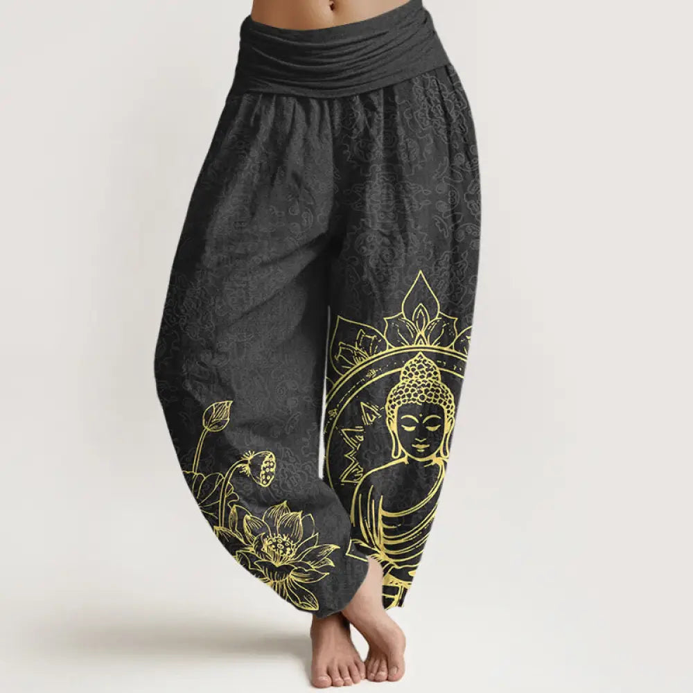 Buddha Stones Pure Cotton Classical Lotus Flower Seedpod Leaf Buddha Pattern Women’s Elastic Waist Harem Pants - Black