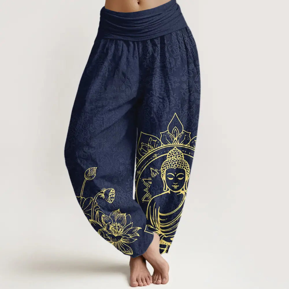 Buddha Stones Pure Cotton Classical Lotus Flower Seedpod Leaf Buddha Pattern Women’s Elastic Waist Harem Pants