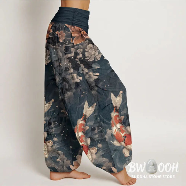 Buddha Stones Pure Cotton Colorful Koi Fish Lotus Flowers Design Women’s Elastic Waist Harem Pants - Women’s Harem Pants