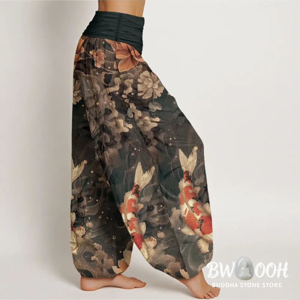 Buddha Stones Pure Cotton Colorful Koi Fish Lotus Flowers Design Women’s Elastic Waist Harem Pants - Women’s Harem Pants