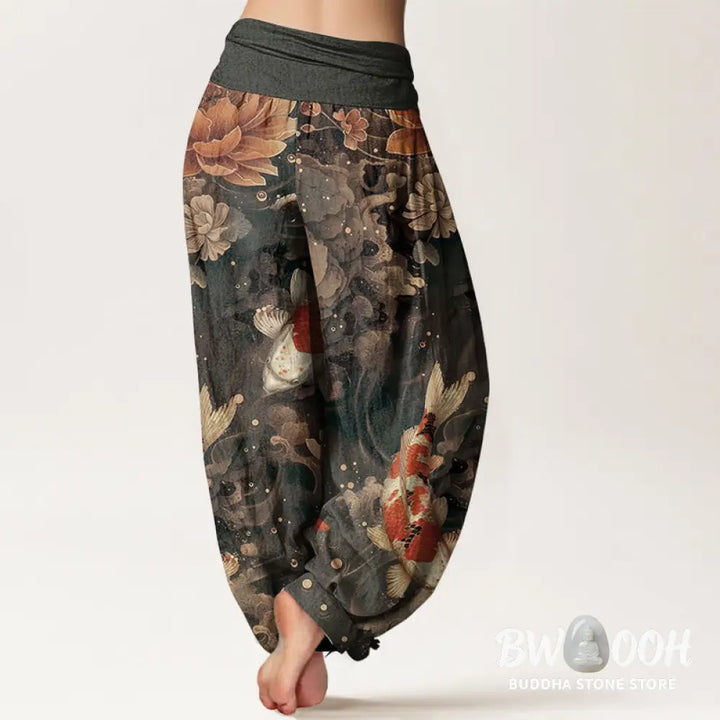 Buddha Stones Pure Cotton Colorful Koi Fish Lotus Flowers Design Women’s Elastic Waist Harem Pants - Women’s Harem Pants