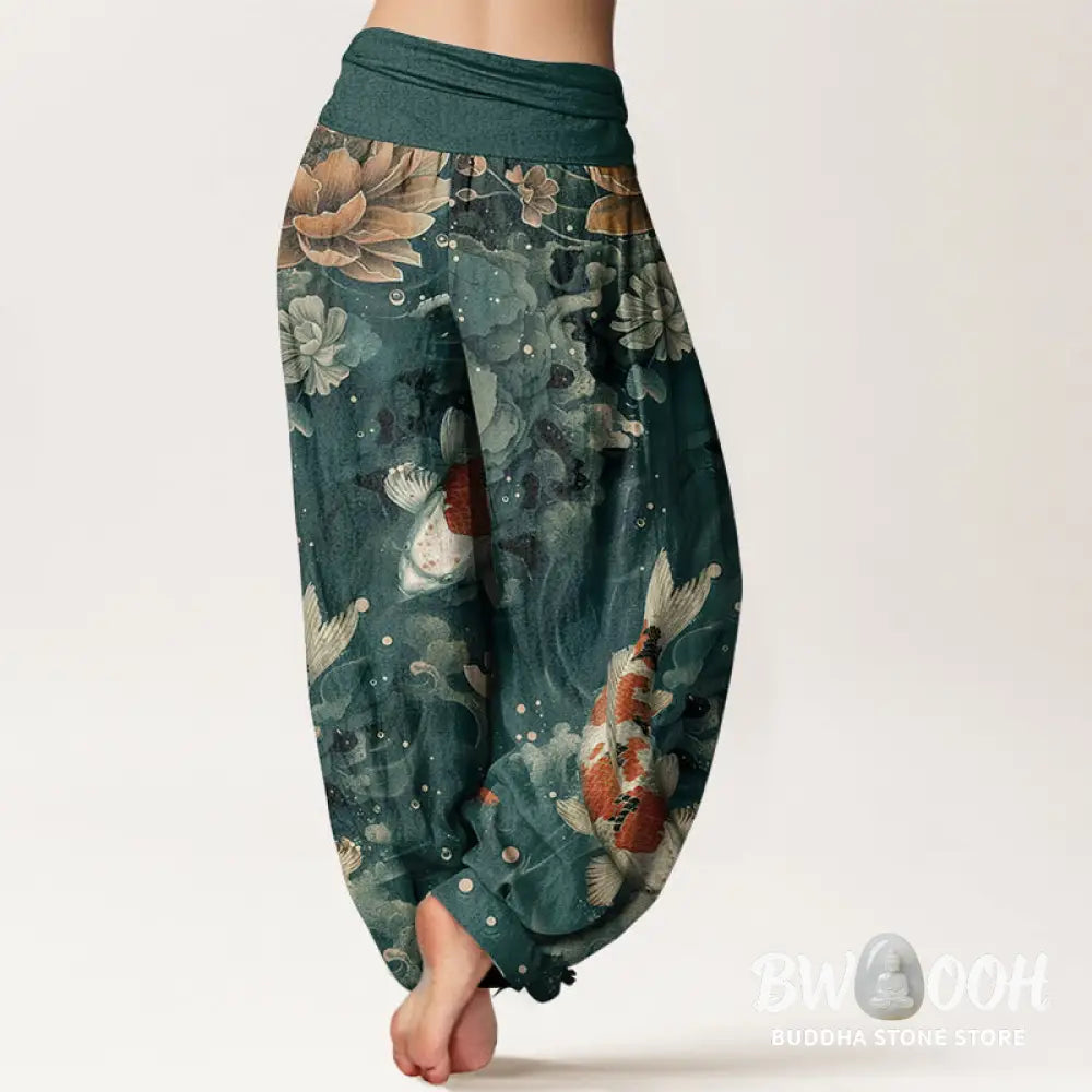 Buddha Stones Pure Cotton Colorful Koi Fish Lotus Flowers Design Women’s Elastic Waist Harem Pants - Women’s Harem Pants