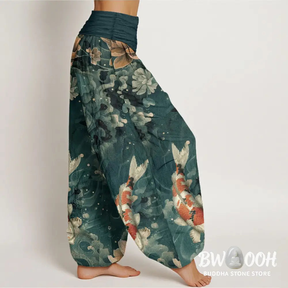 Buddha Stones Pure Cotton Colorful Koi Fish Lotus Flowers Design Women’s Elastic Waist Harem Pants - Women’s Harem Pants