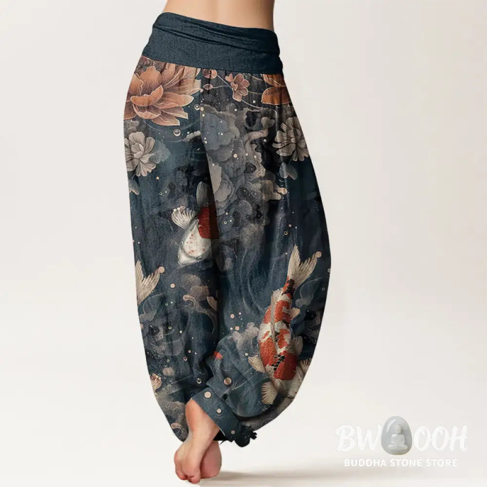 Buddha Stones Pure Cotton Colorful Koi Fish Lotus Flowers Design Women’s Elastic Waist Harem Pants - Women’s Harem Pants