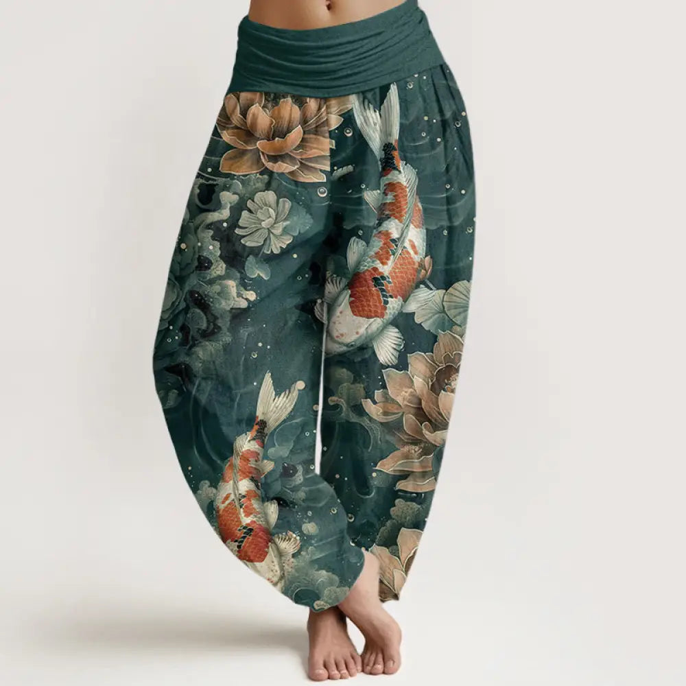 BWOOOH lotus print harem pants - Pure Cotton Colorful Koi Fish Lotus Flow