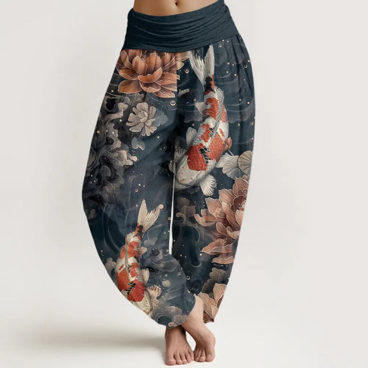 Buddha Stones Pure Cotton Colorful Koi Fish Lotus Flowers Design Women’s Elastic Waist Harem Pants - SteelBlue