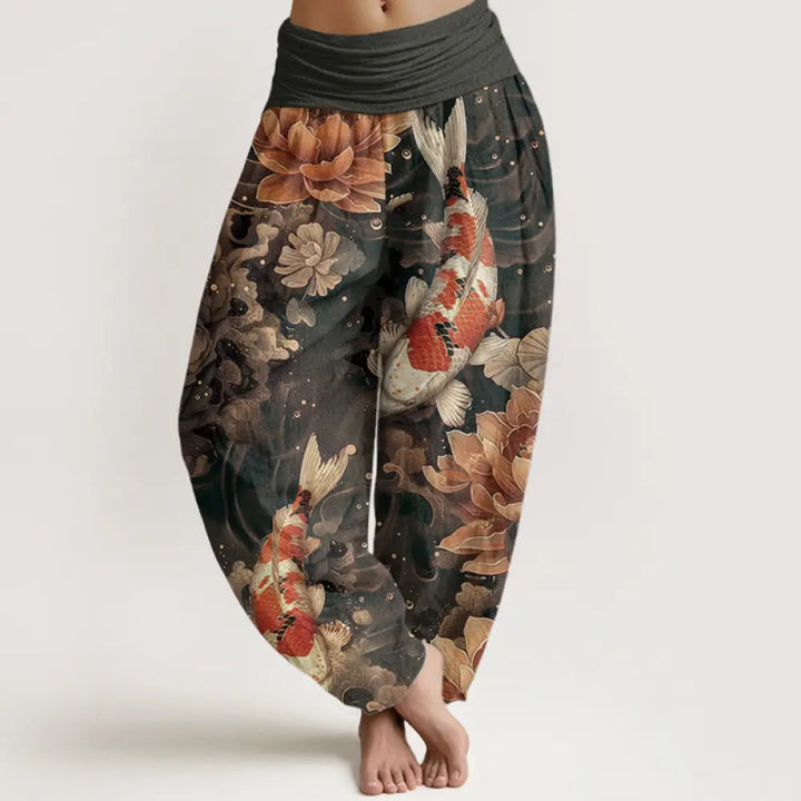 Buddha Stones Pure Cotton Colorful Koi Fish Lotus Flowers Design Women’s Elastic Waist Harem Pants - Tan