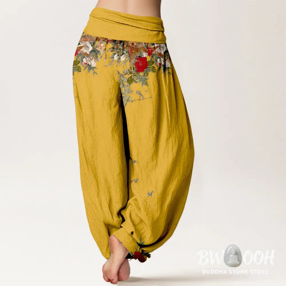 Buddha Stones Pure Cotton Colourful Flower Leaves Patterns Women’s Elastic Waist Harem Pants - Women’s Harem Pants