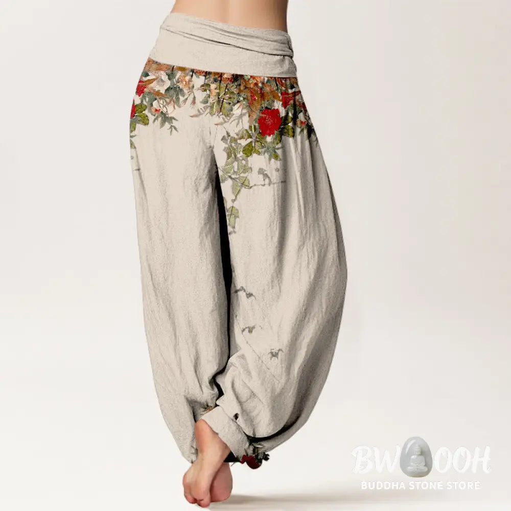 Buddha Stones Pure Cotton Colourful Flower Leaves Patterns Women’s Elastic Waist Harem Pants - Women’s Harem Pants