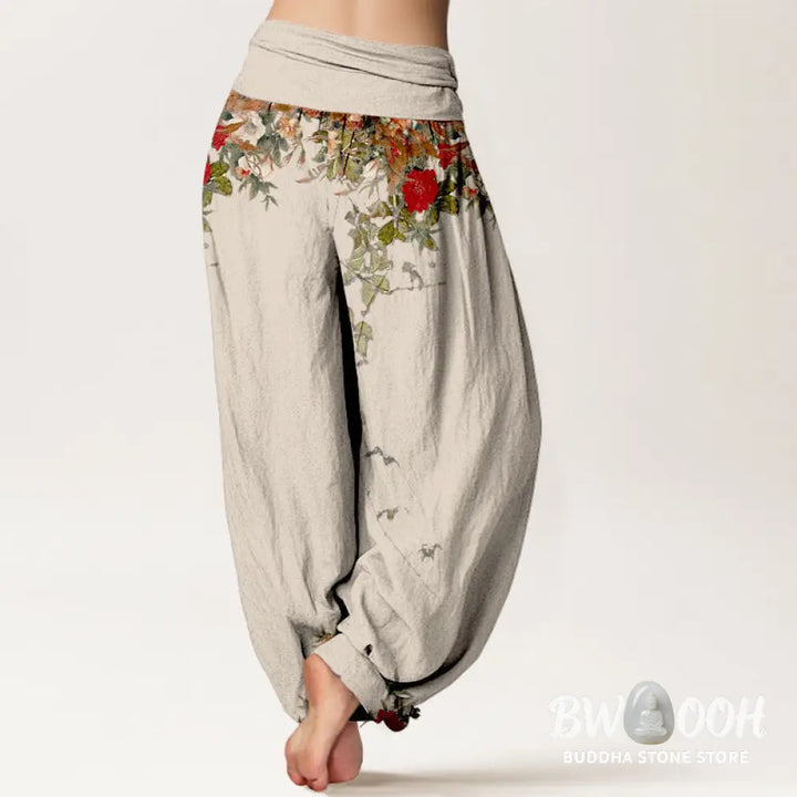 Buddha Stones Pure Cotton Colourful Flower Leaves Patterns Women’s Elastic Waist Harem Pants - Women’s Harem Pants