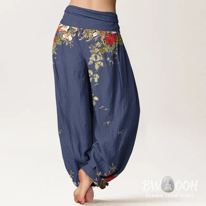 Buddha Stones Pure Cotton Colourful Flower Leaves Patterns Women’s Elastic Waist Harem Pants - Women’s Harem Pants