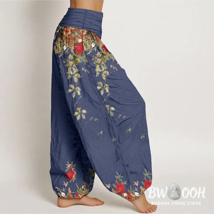 Buddha Stones Pure Cotton Colourful Flower Leaves Patterns Women’s Elastic Waist Harem Pants - Women’s Harem Pants