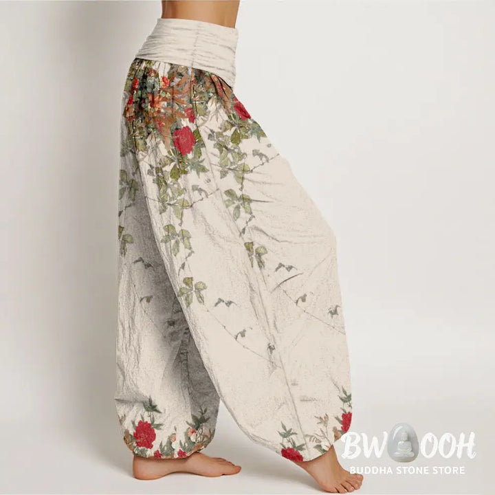 Buddha Stones Pure Cotton Colourful Flower Leaves Patterns Women’s Elastic Waist Harem Pants - Women’s Harem Pants