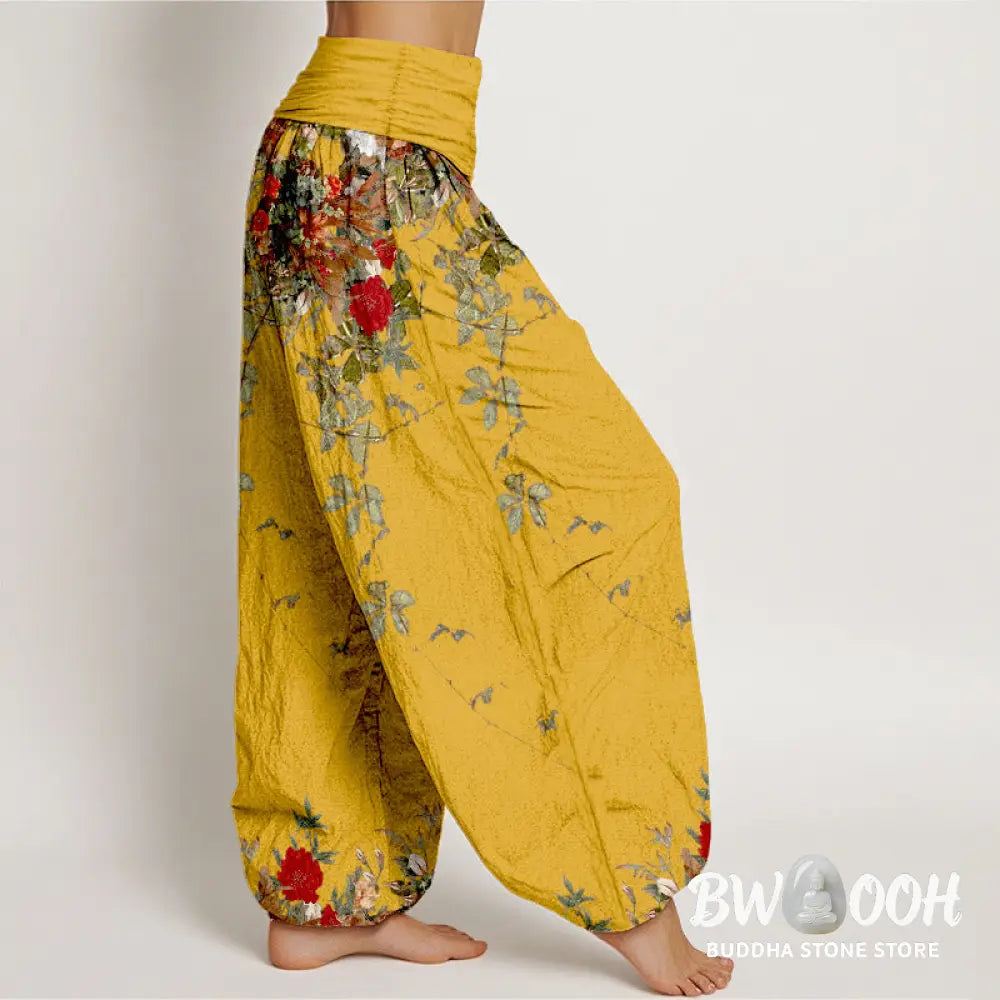Buddha Stones Pure Cotton Colourful Flower Leaves Patterns Women’s Elastic Waist Harem Pants - Women’s Harem Pants