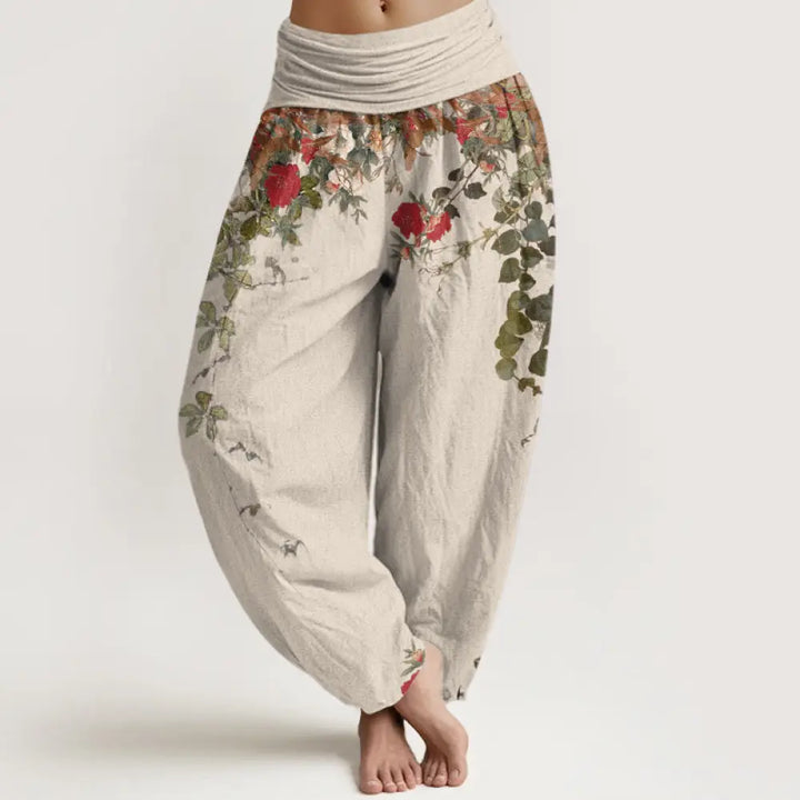 Buddha Stones Pure Cotton Colourful Flower Leaves Patterns Women’s Elastic Waist Harem Pants - Beige / US2，UK/AU6，EU34