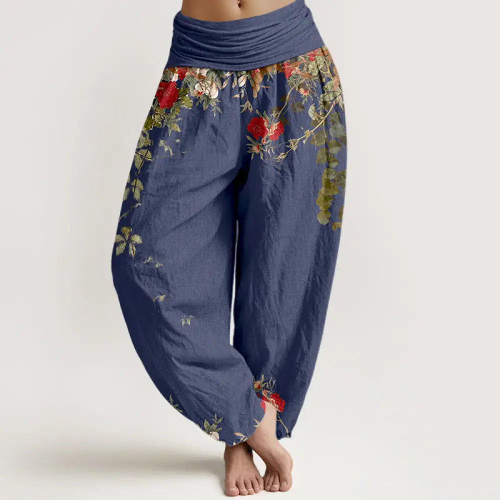 Buddha Stones Pure Cotton Colourful Flower Leaves Patterns Women’s Elastic Waist Harem Pants - DarkSlateBlue