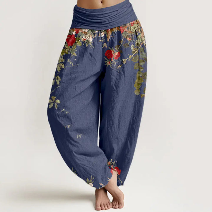 Buddha Stones Pure Cotton Colourful Flower Leaves Patterns Women’s Elastic Waist Harem Pants - DarkSlateBlue