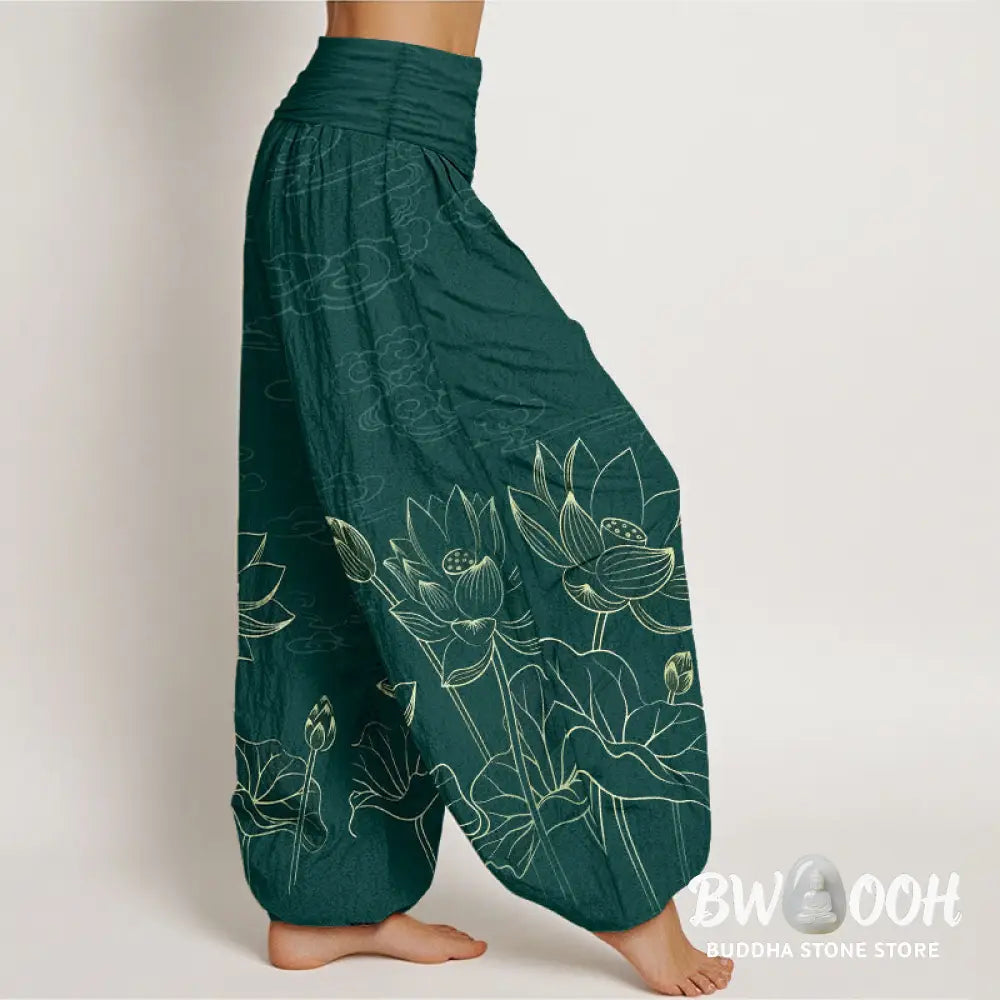 Buddha Stones Pure Cotton Concise Lotus Flower Leaf Pod Bud Cloud Pattern Women’s Elastic Waist Harem Pants - Women’s
