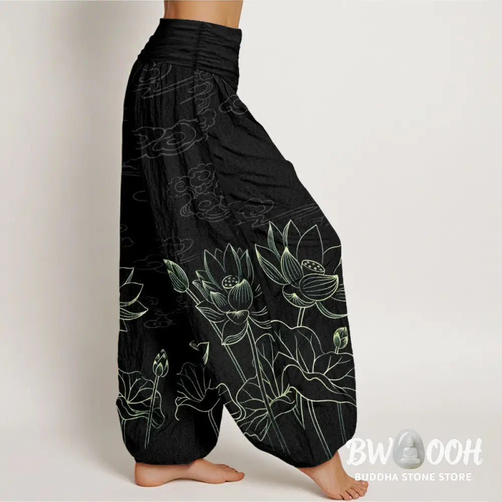 Buddha Stones Pure Cotton Concise Lotus Flower Leaf Pod Bud Cloud Pattern Women’s Elastic Waist Harem Pants - Women’s