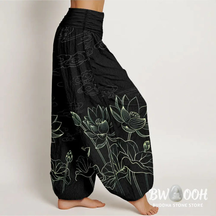 Buddha Stones Pure Cotton Concise Lotus Flower Leaf Pod Bud Cloud Pattern Women’s Elastic Waist Harem Pants - Women’s