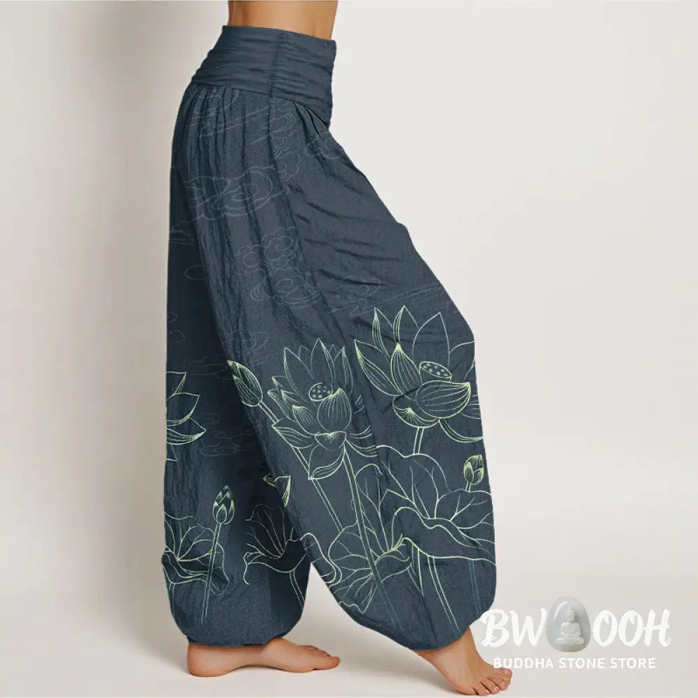 Buddha Stones Pure Cotton Concise Lotus Flower Leaf Pod Bud Cloud Pattern Women’s Elastic Waist Harem Pants - Women’s