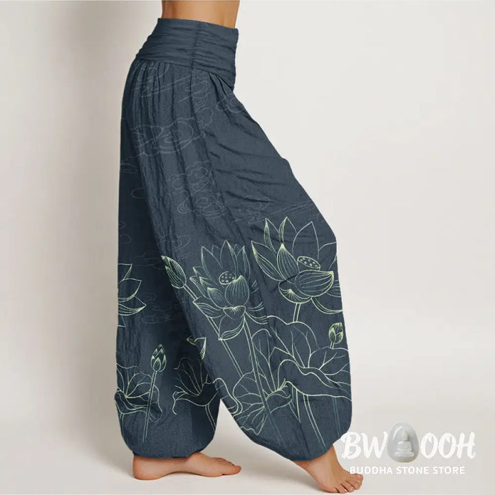 Buddha Stones Pure Cotton Concise Lotus Flower Leaf Pod Bud Cloud Pattern Women’s Elastic Waist Harem Pants - Women’s