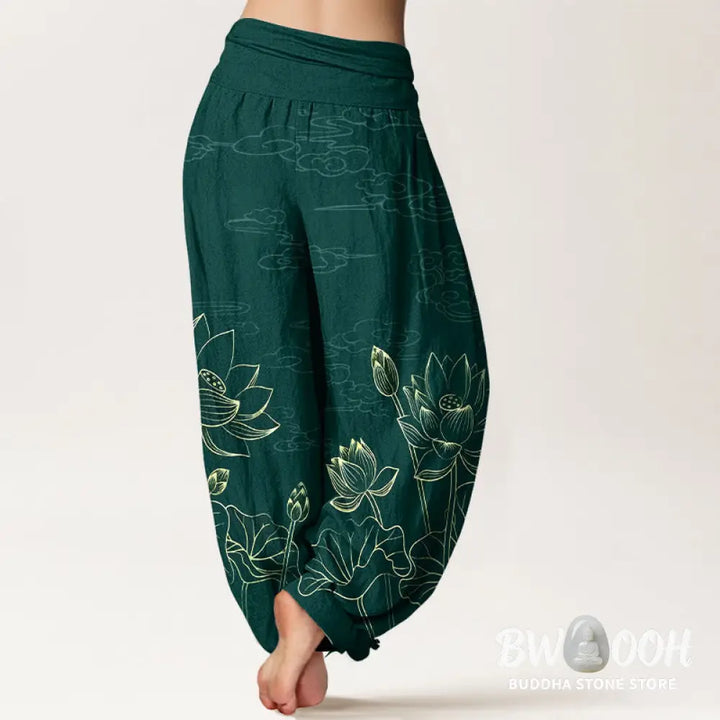 Buddha Stones Pure Cotton Concise Lotus Flower Leaf Pod Bud Cloud Pattern Women’s Elastic Waist Harem Pants - Women’s
