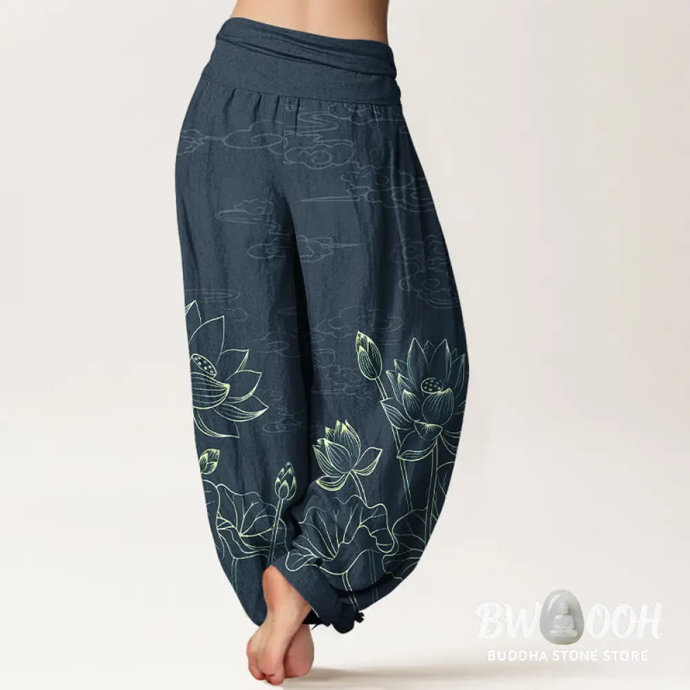Buddha Stones Pure Cotton Concise Lotus Flower Leaf Pod Bud Cloud Pattern Women’s Elastic Waist Harem Pants - Women’s